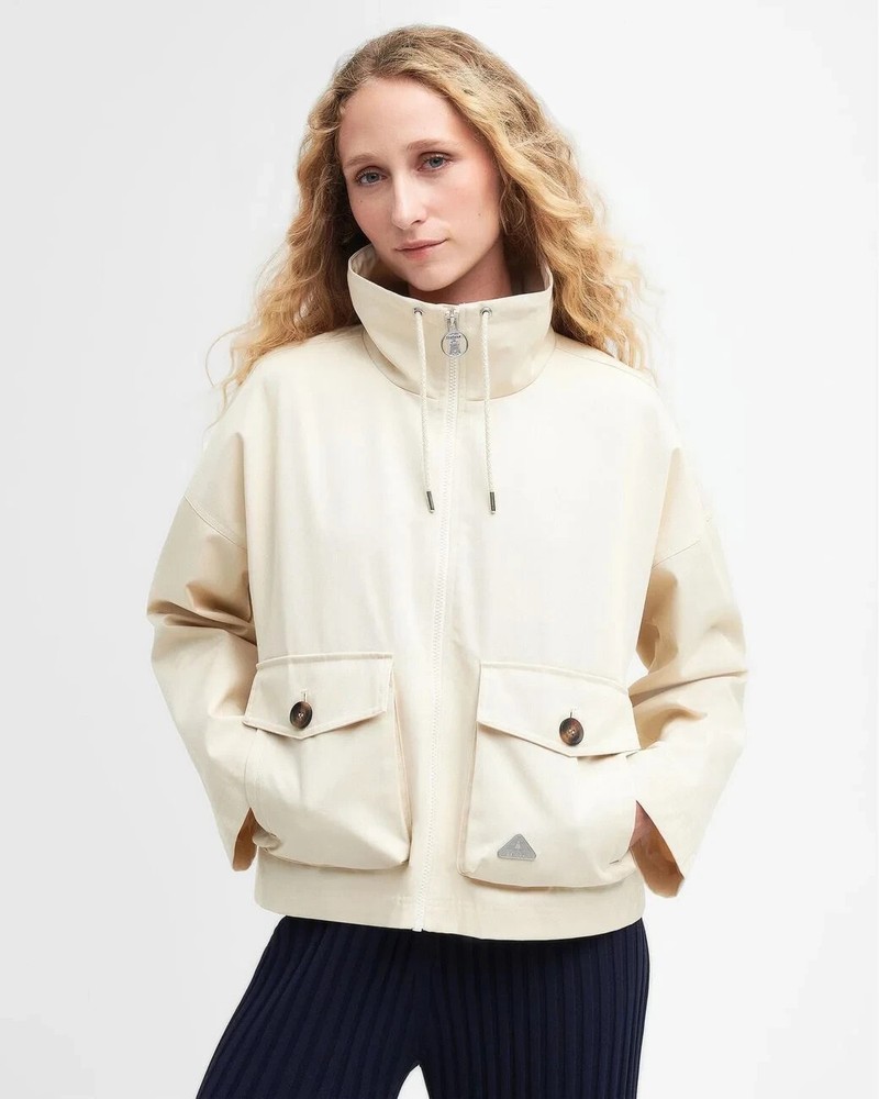 Barbour Beige/ white Jacket Fairbourne Womens Showerproof Coat - Size USA 6 UK10
