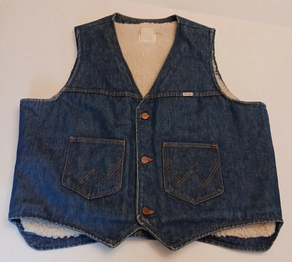 VTG Wrangler Denim Vest Mens Sherpa Lined USA Jean Work MEASURES XL OR XXL READ