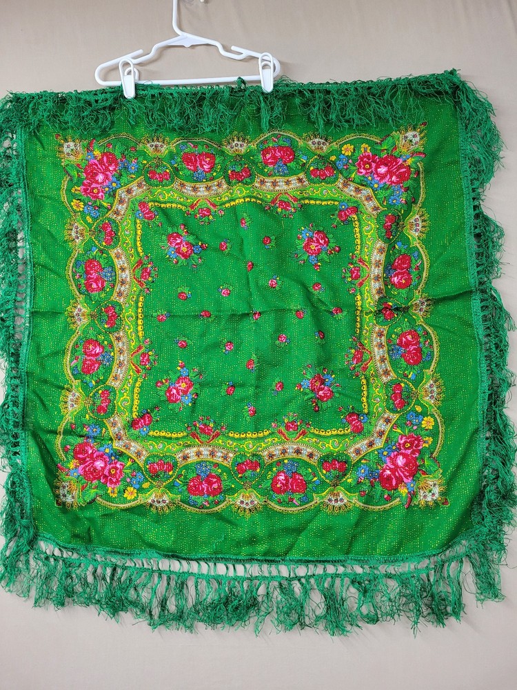 Vintage Square 100% Wool Floral Design With Fringe Scarf Hand Screen Print Japan