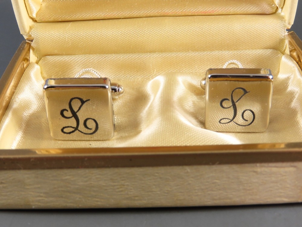 Vintage ANSON SILVER TONE CUFFLINKS Engraved Monogrammed LETTER INITIAL 