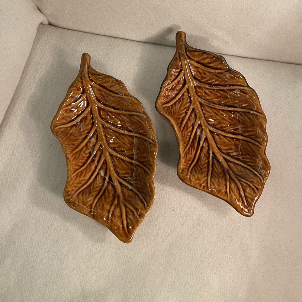 Vintage California Pottery Brown Leaf Nut Bowl Set of 2