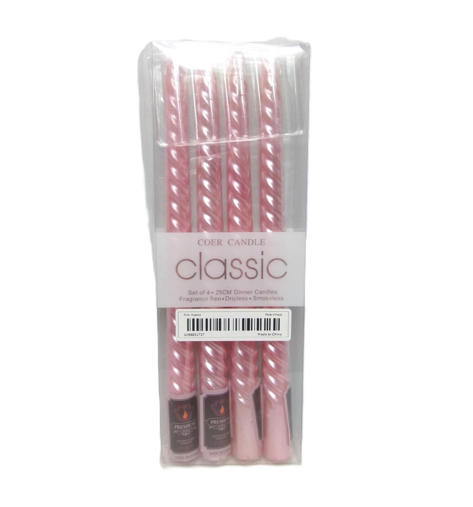 4 Retro Pink Swirl Taper Candles - 9.75 Inch Satin Finish Set