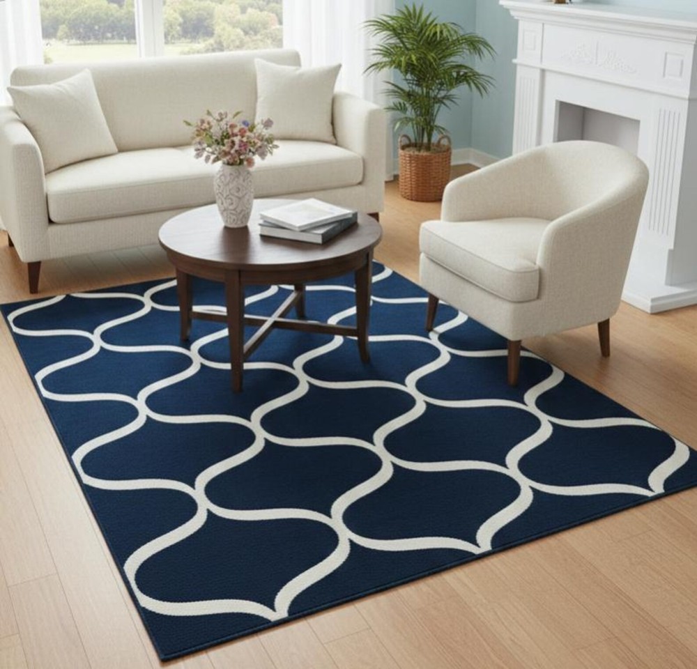 Hand Tufted Wool Area Rug, Navy Blue Geometric Wave, Modern Moroccan Style, blue