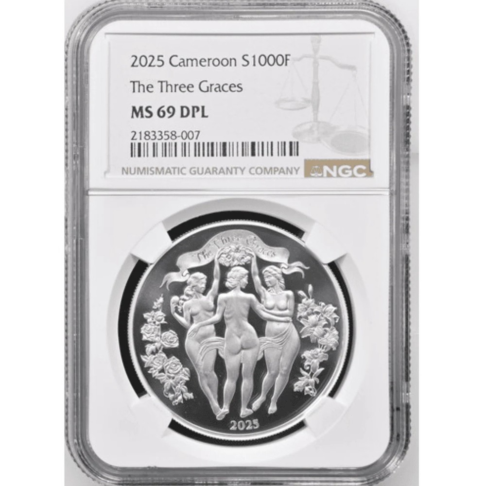 2025 Cameroon Celestial Beauty Three Graces 1 oz Silver Coin NGC MS 69 DPL