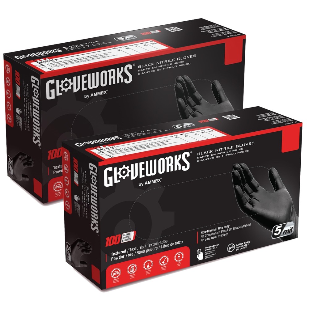 GLOVEWORKS 5 Mil Black Nitrile Industrial Gloves Latex Powder Free Disposable