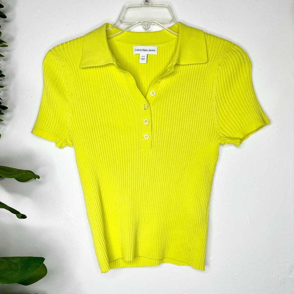Calvin Klein Jean Chartreuse 1/4 Button Collared Ribbed Mid Cropped Blouse S