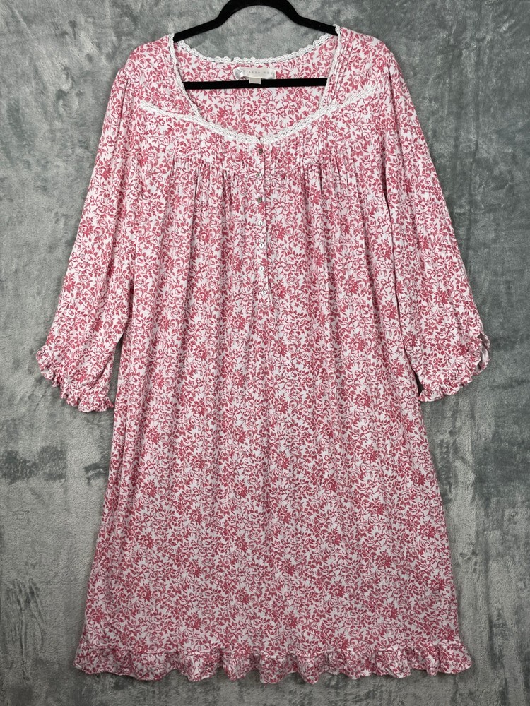 Eileen West Modal Long Sleeve RUFFLED Trim Nightgown Medium M Red Floral Pajamas