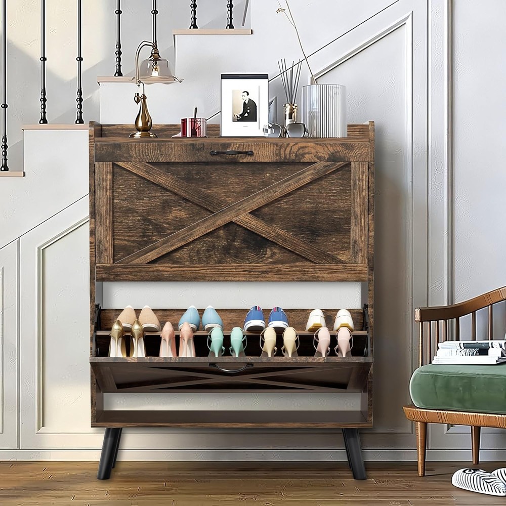 Shoe Storage Cabinet with 2 Flip Drawers, Narrow Hidden Shoe Organizer with