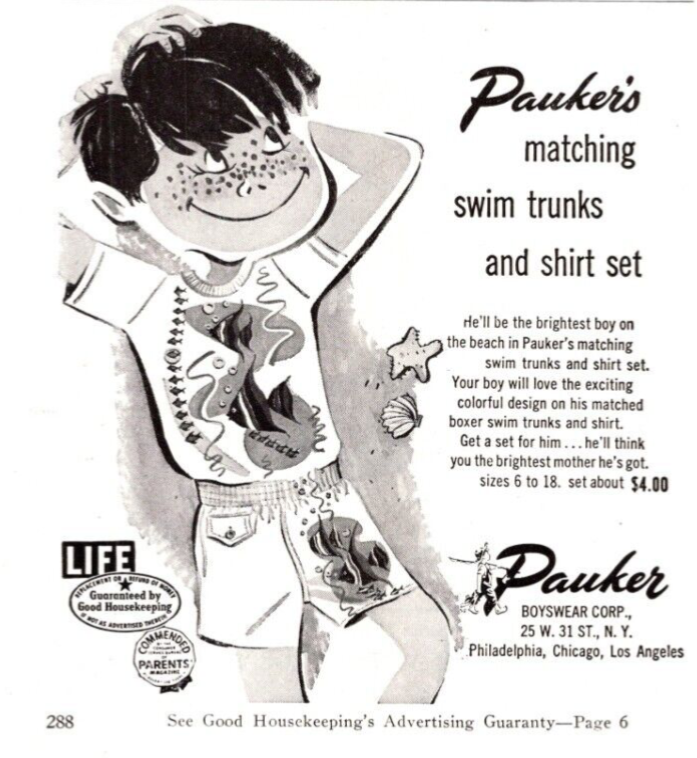 PRINT AD 1951 Pauker Boyswear Matching Swim Trunks and Shirt Set 5x5