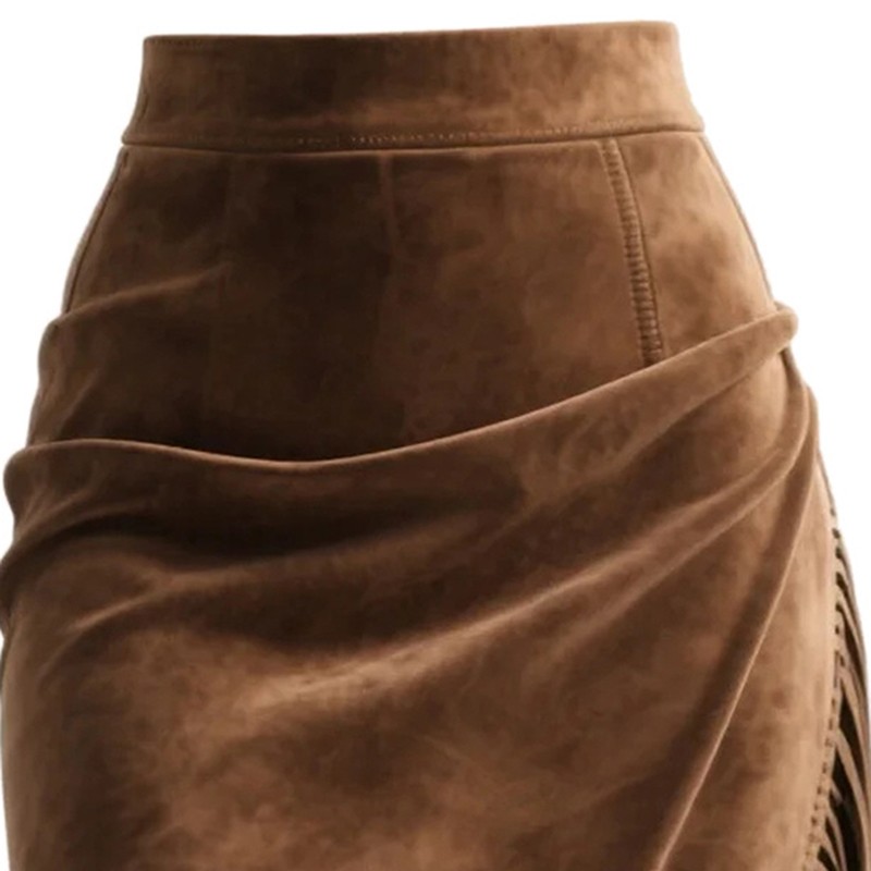 Women's Retro Western Fringe Skirt, Suede-Look Asymmetrical Hem Maxi Skirt For V