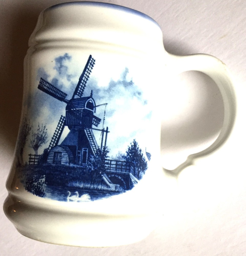 Hand-Painted Delft Blue Windmill Mug Stein from Holland 3x5.5 Inches