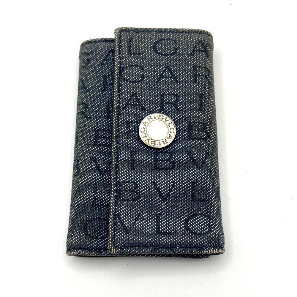 BVLGARI Key Holder Denim Logo Black Interior w One Pocket Two Key Hooks VTG