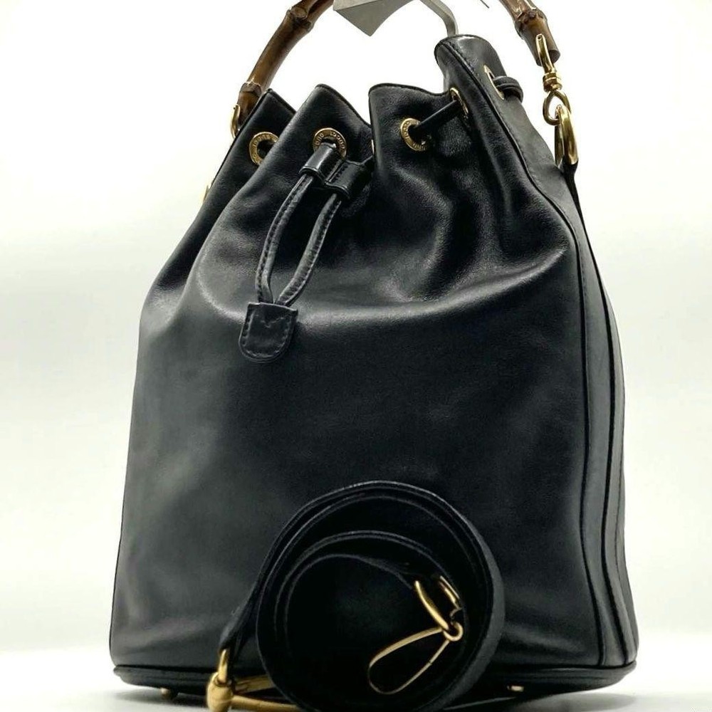 Gucci Bamboo 2Way Leather Shoulder Bag Black Vintage Crossbody Used