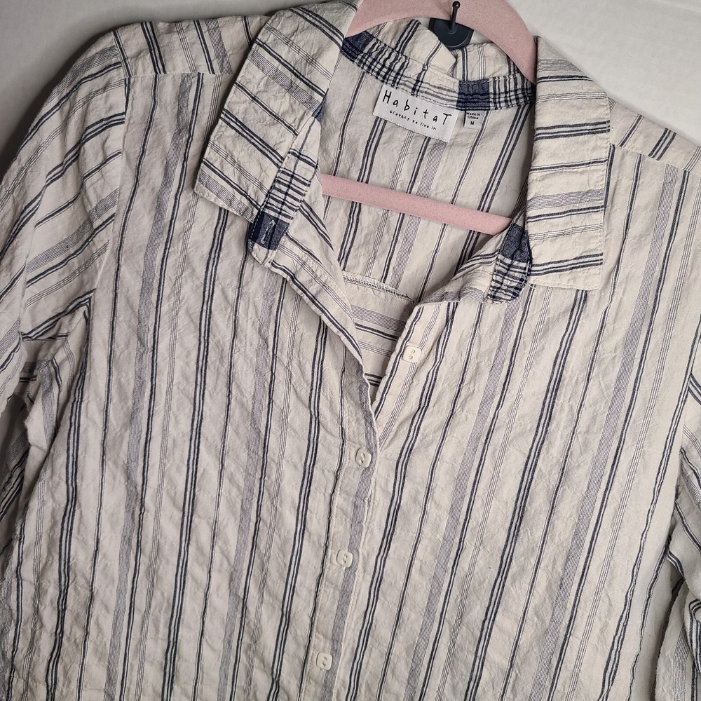 Habitat Blue White Button Roll Tab Sleeve Shirt Womens Size Medium