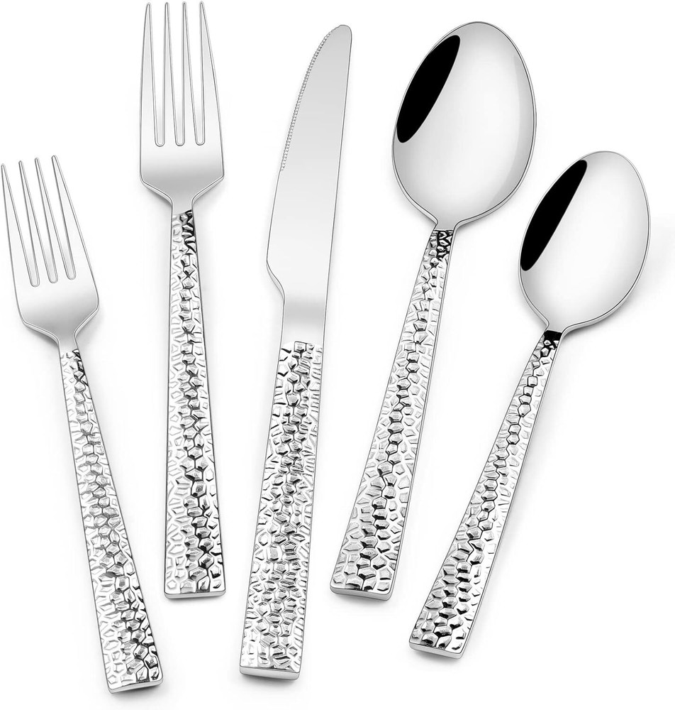 40-Piece Hammered Stainless Steel Silverware Set with Mirror Square Finish