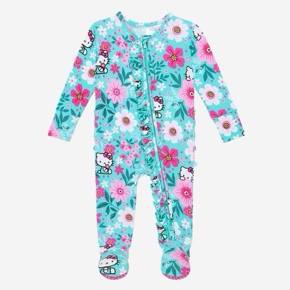 Posh Peanut X Sanrio Hello Kitty Turquoise Pink Floral Ruffled Bamboo One Piece