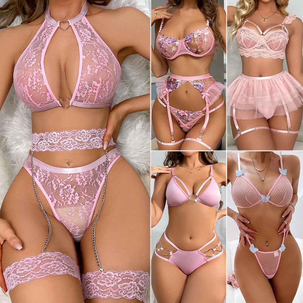 Pink Lace Floral Babydoll Lingerie Set Sleepwear Pajamas Gift