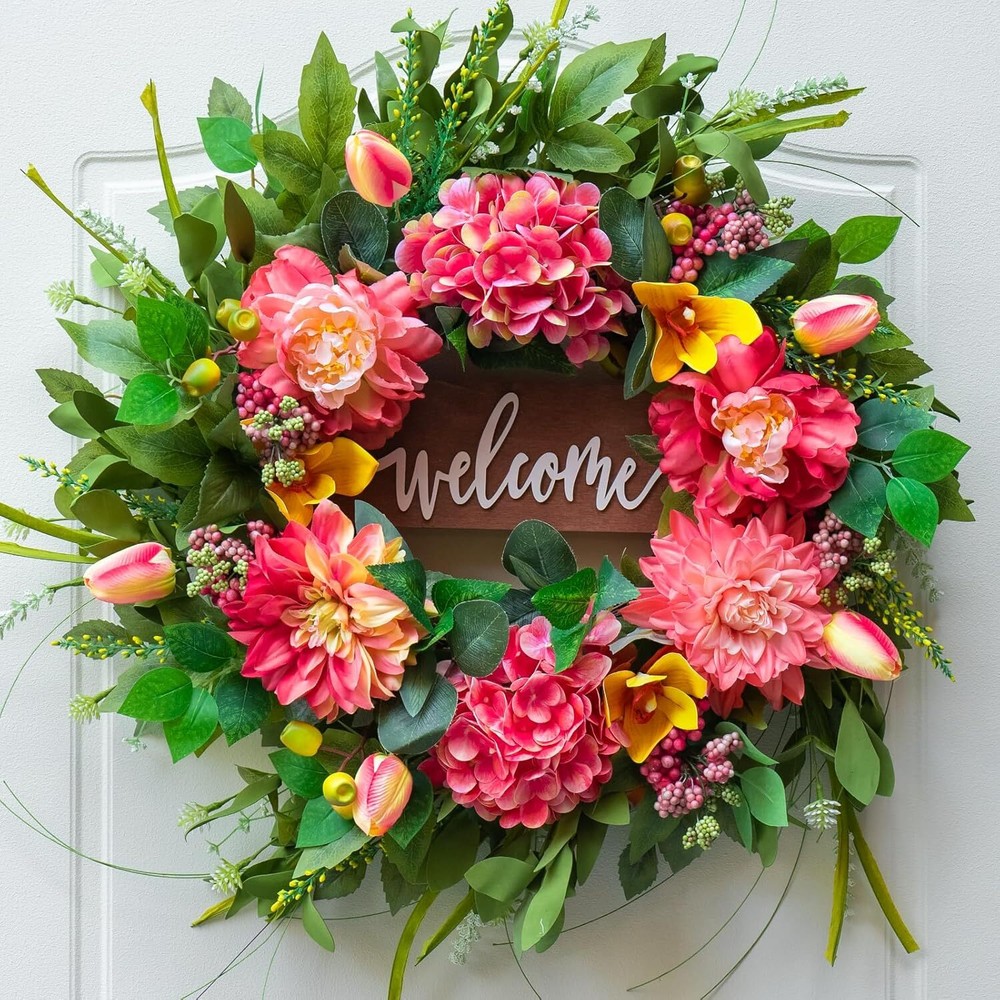24-Inch Spring Wreath for Front Door with Welcome Sign - Outdoor Decor