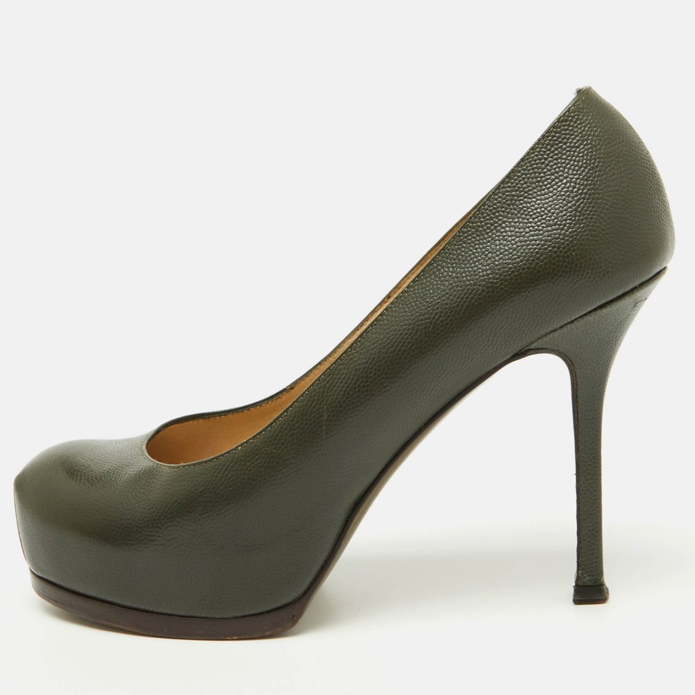 Yves Saint Laurent Olive Green Leather Tribtoo Platform Pumps EU 36.5