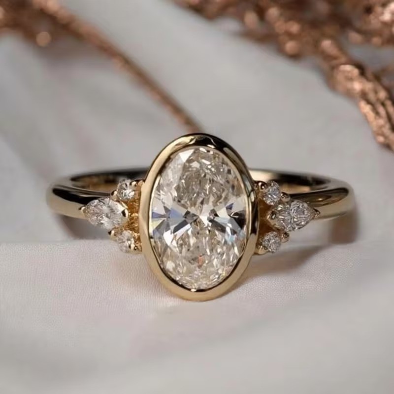 Oval Cut Simulated Diamond Pretty Engagement Band Ring In 14k Yellow Gold Plated