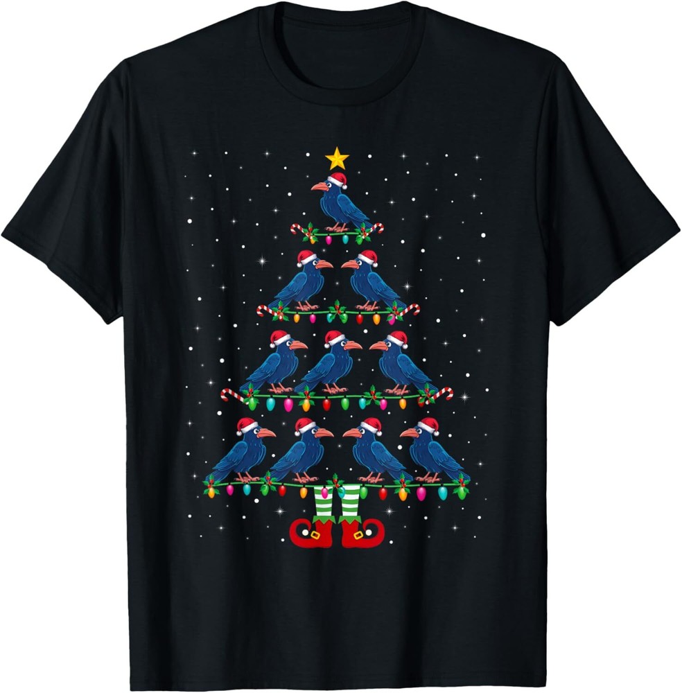 Christmas Tree Lights Santa Hat ELF Crow Xmas Tree T-Shirt Hoodie