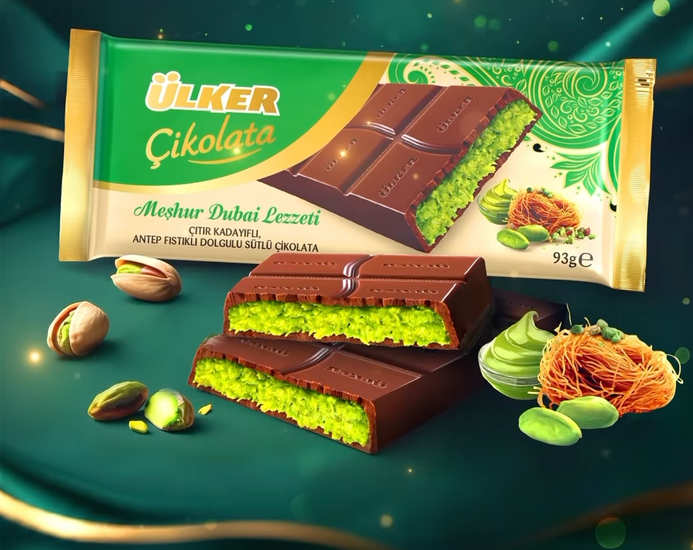 Ulker Dubai Pistachio Bar 93g Milk Chocolate Filled with Pistachio and Crispy Kataif