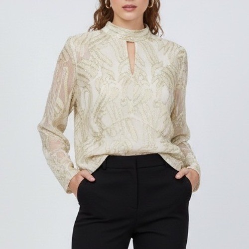 Parker The Piper Top Womens XL Gold Ivory Keyhole Cutout Mock Neck Smocked Hem