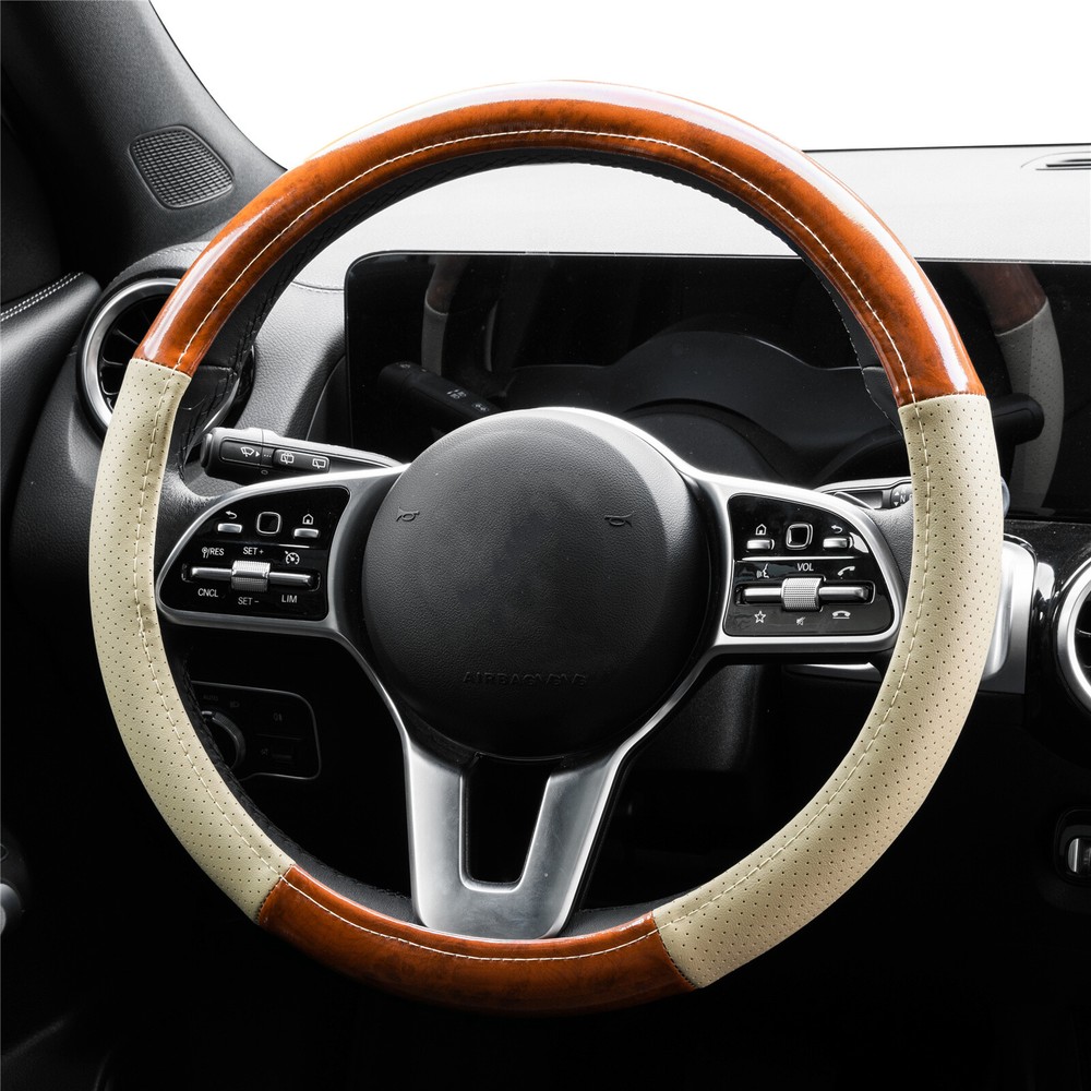 Car Auto Steering Wheel Cover Wood Grain Breathable Anti-slip 15''Beige Leather;