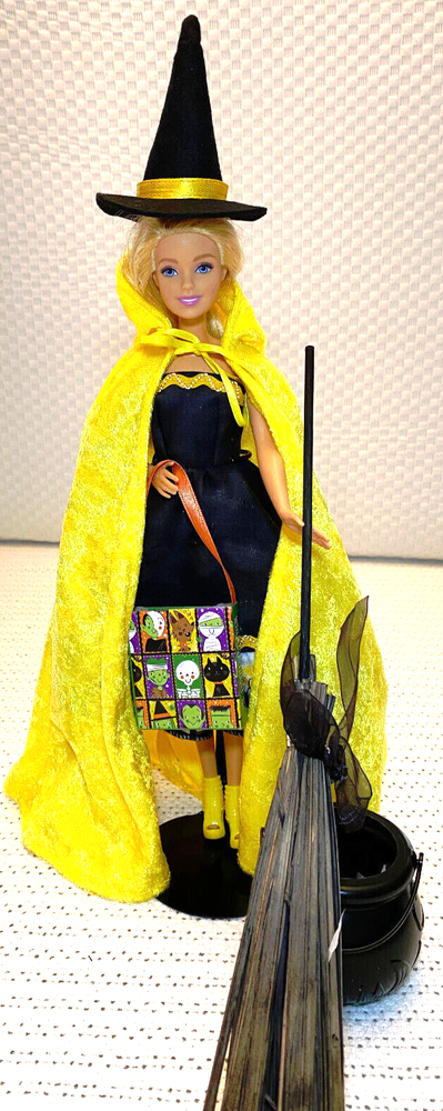 Witch Barbie Doll OOAK Halloween Hand Made black dress, cloak, treat bag & hat.