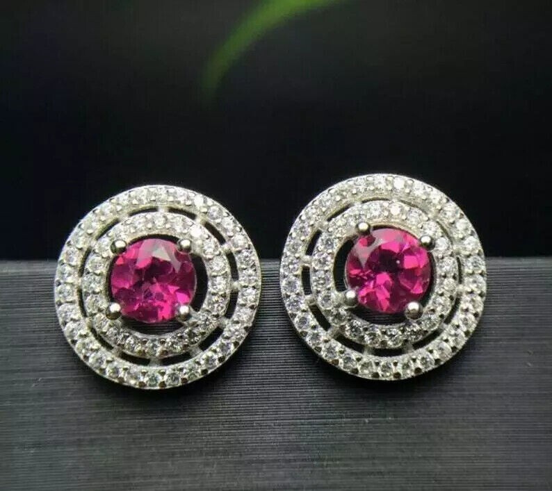 2.50Ct Round Simulated Pink Ruby Halo Stud Earrings 14k White Gold Plated