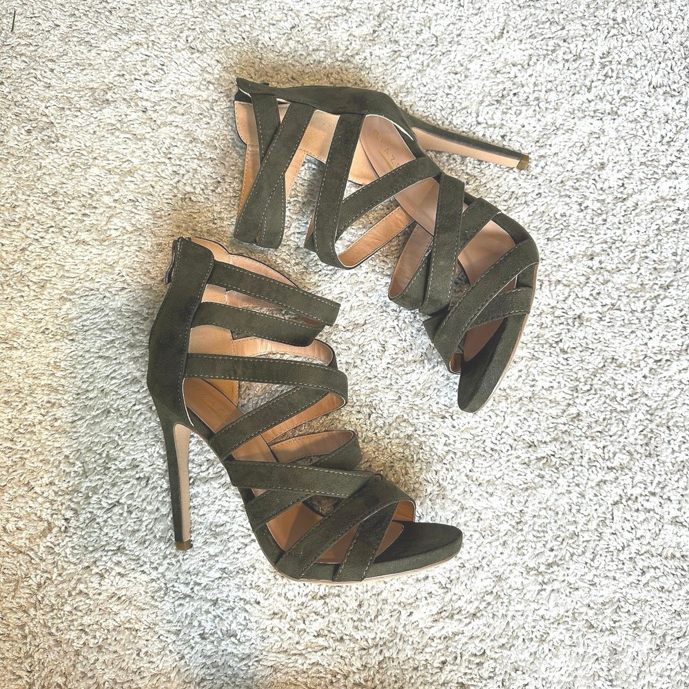 Olive Suede Strappy Stiletto Heels with Slim Ankle Strap