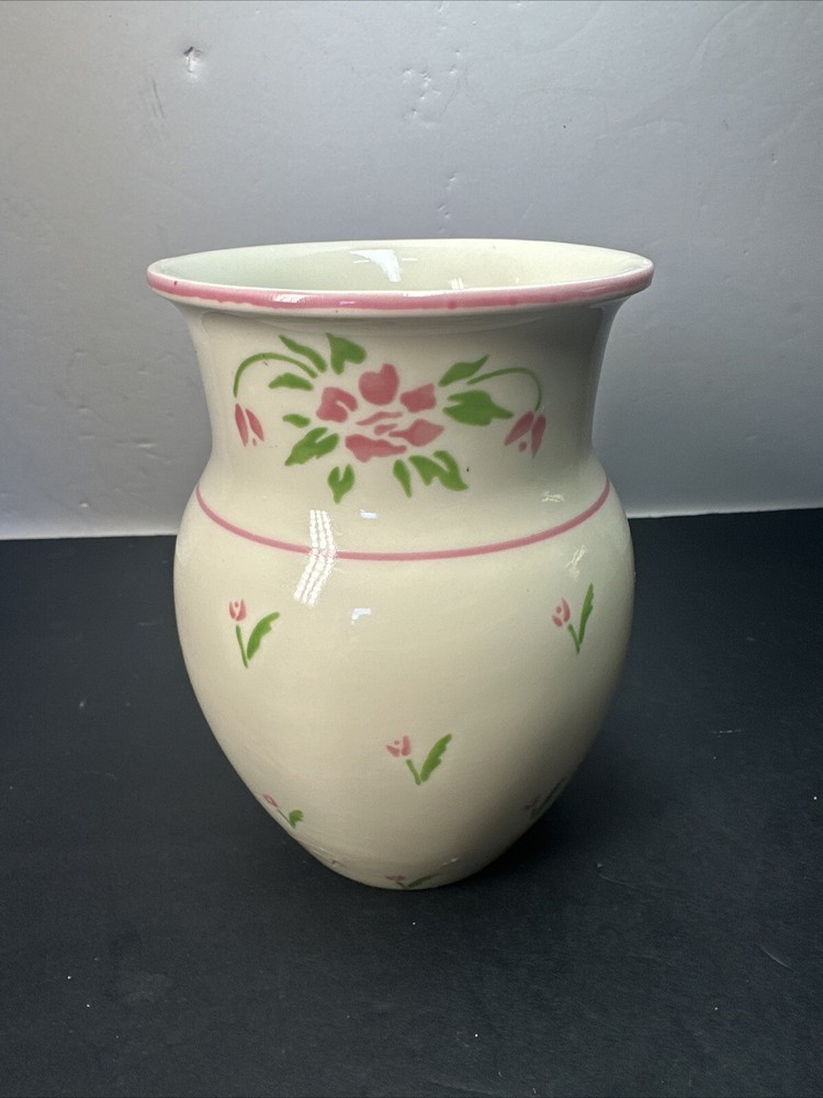 Vintage 1985 Teleflora Flower Vase, Cream with Pink Flowers