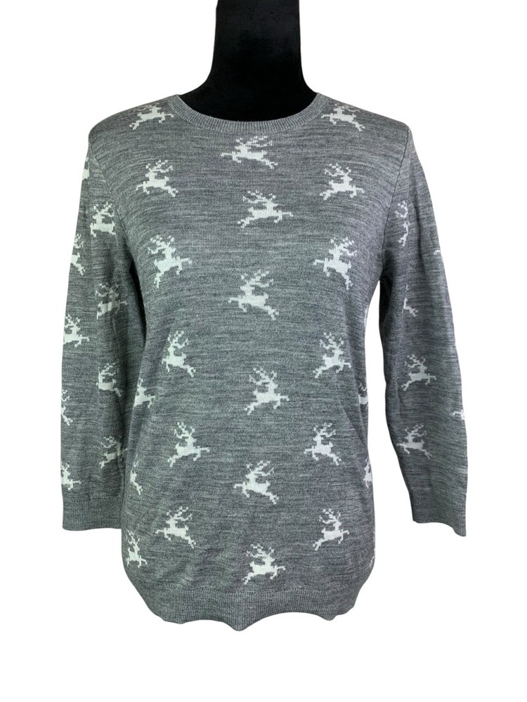 Ann Taylor LOFT Wool Blend Reindeer Sweater Size M Christmas Holiday, Gray