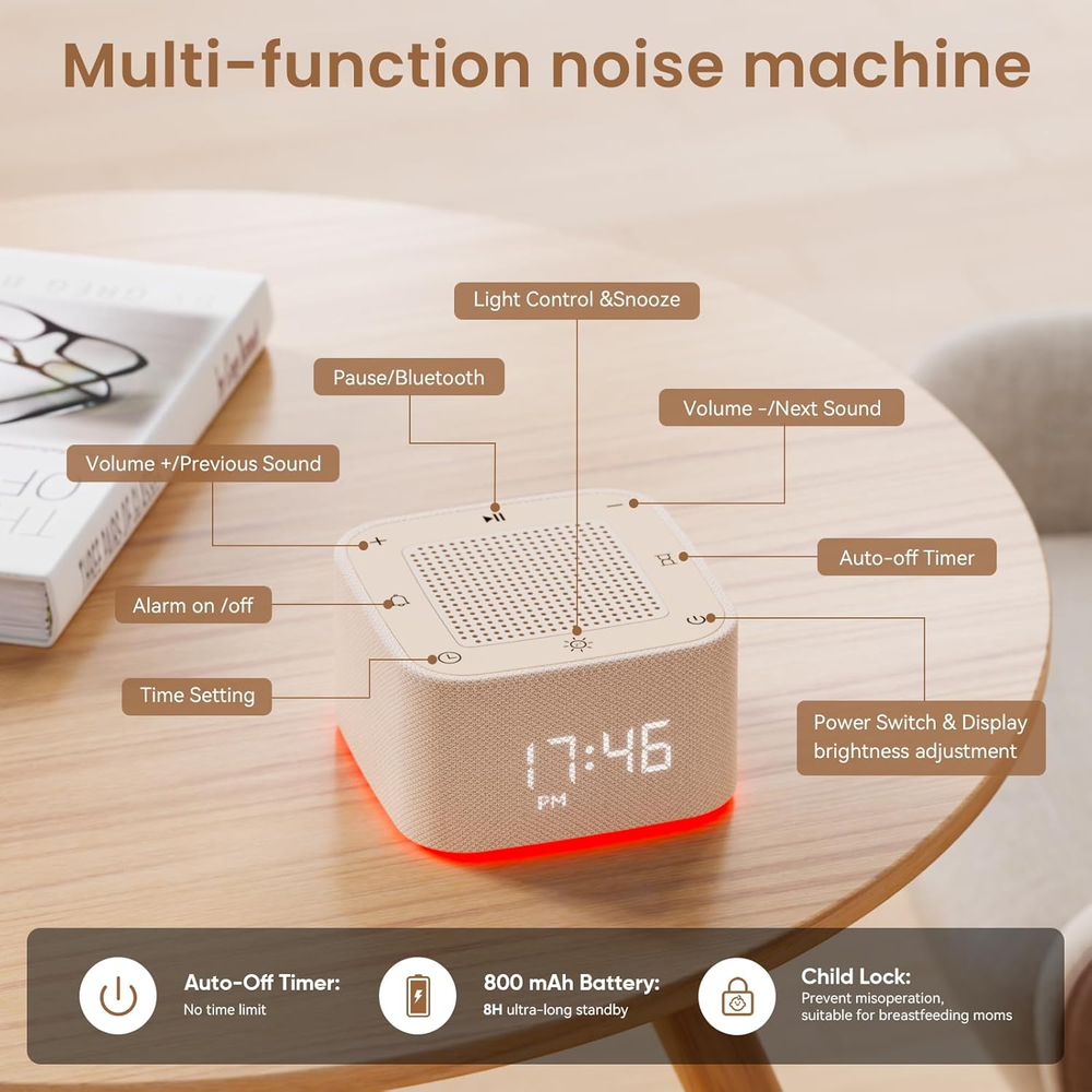 Sound Machine Alarm Clock with 32 Soothing Sounds 8 Night Light Colors and App Control White Noise