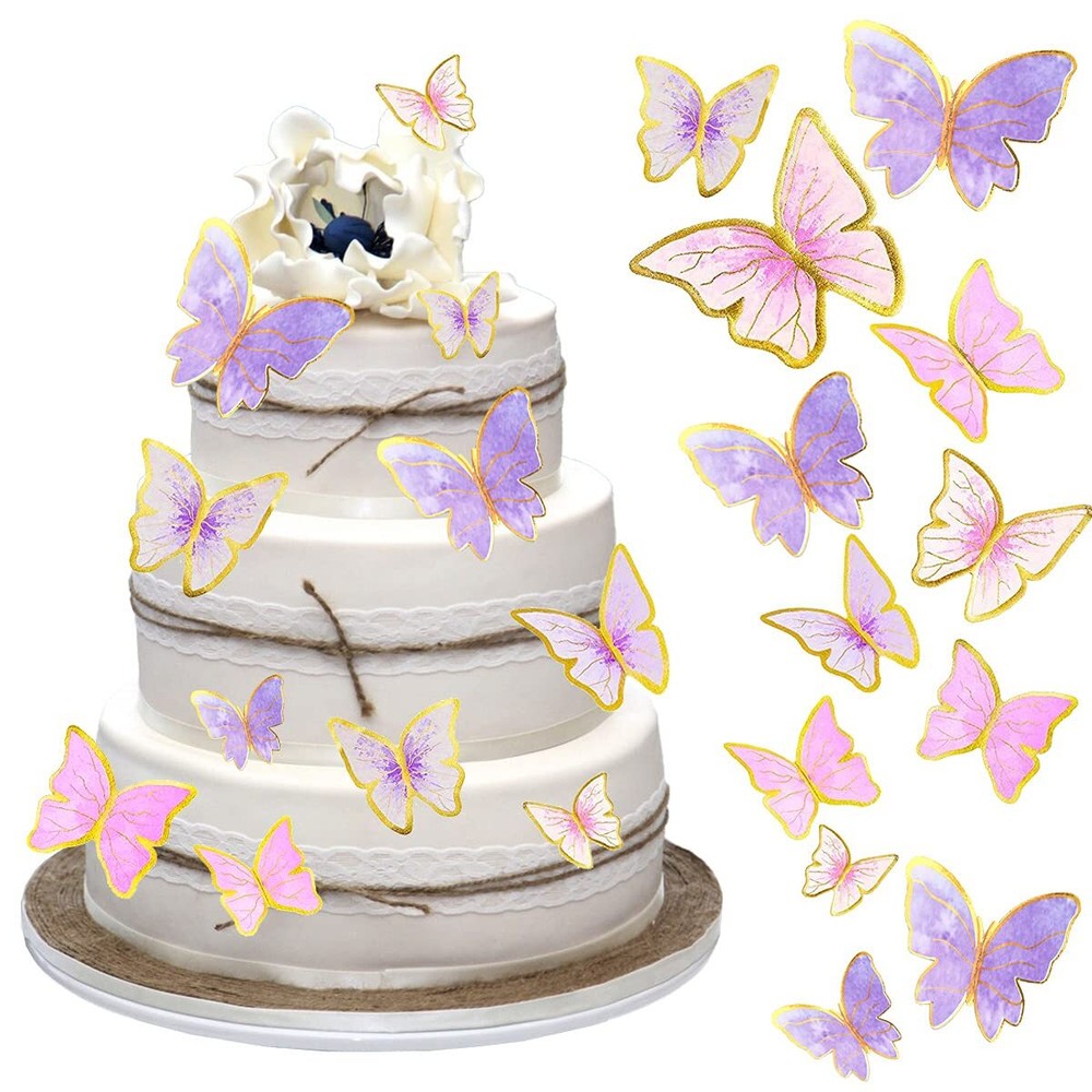 60Pcs Pink Purple Gold 3D Butterfly Cupcake Toppers for Cakes