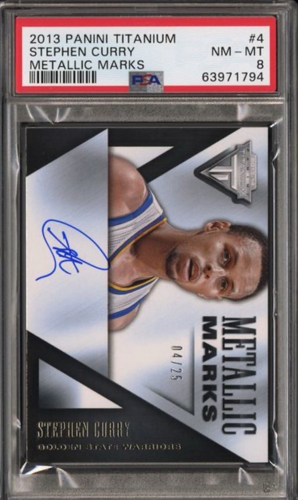 2013 PANINI TITANIUM STEPHEN CURRY METALLIC MARKS AUTOGRAPH AUTO  04/25 PSA 8