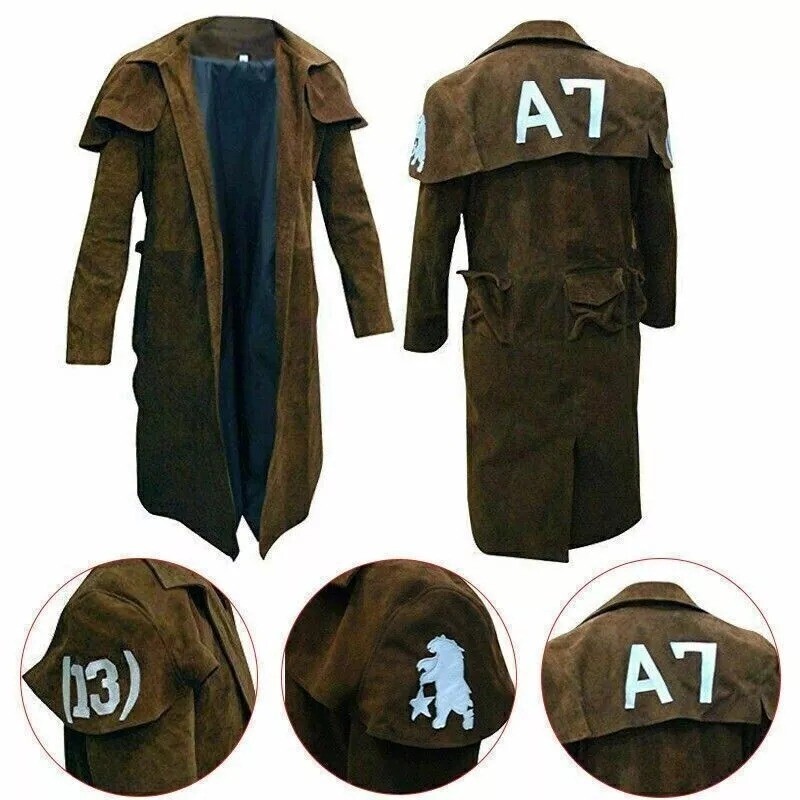 Men's A7 Fallout Vegas Veteran Ranger Long Trench Coat Brown Duster Leather Coat