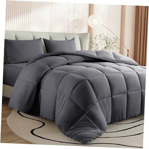 Bedding Comforter Cotton Look Fabric Duvet Insert, All Season Queen Dark Grey