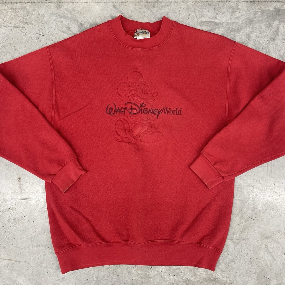 VTG Walt Disney World Mickey Mouse Sweatshirt Large Red Embossed Embroidered