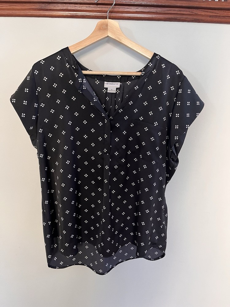 Liz Claiborne Career Womens Short Sleeve Top Black White Blouse XL