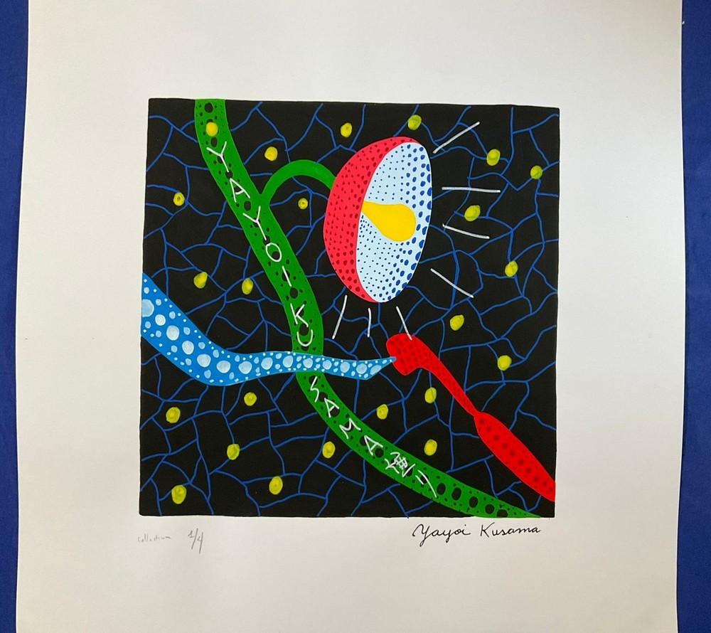 KUSAMA YAYOI - painting drawing 15.7 x 15.7 in  on old paper signed stamped
