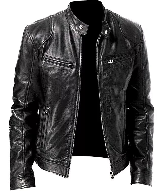 Men's Vintage Genuine Lambskin Cafe Racer Retro Black Biker Real Leather Jacket