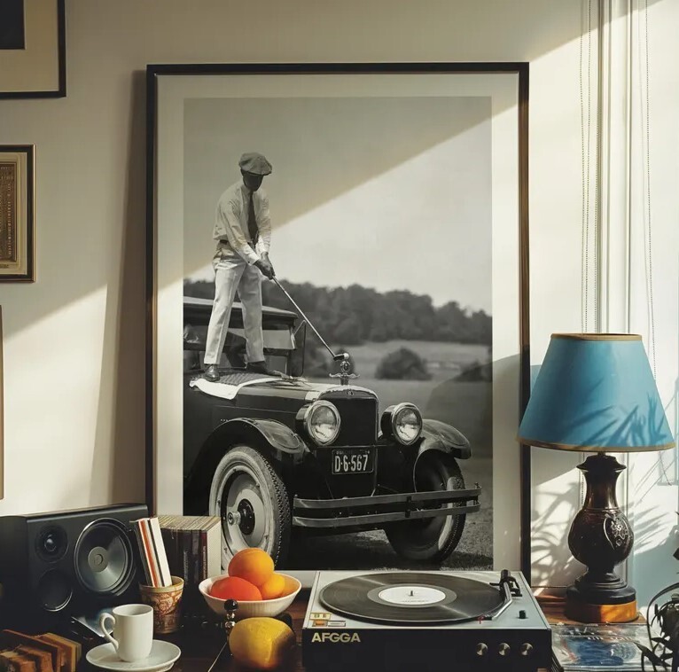 Golfer Plays Golf On Top Of A Car Poster | Black and White Wall Art | Iconic Pos