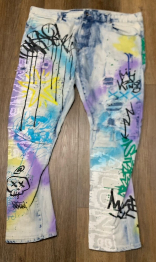 Smoke Rise Denim Co Graffiti Jeans Men's 42x32 RN#82930 Multicolor Hip Hop Skate