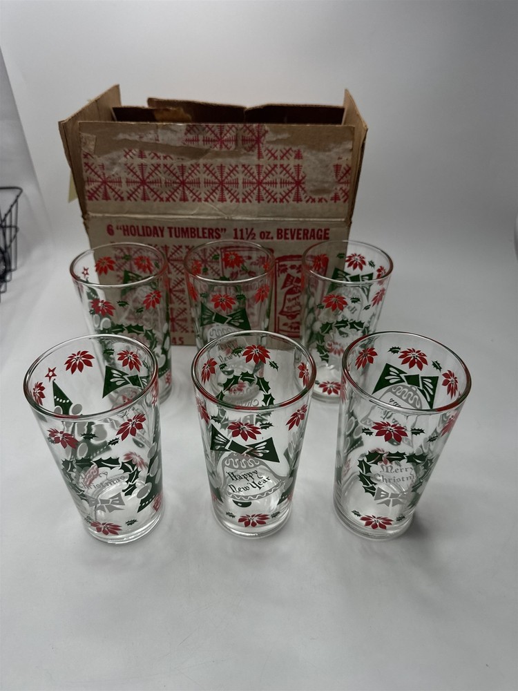Set of 6 Vintage MCM Christmas Holiday Tumblers 11-1/2 oz Groovy Xmas New Years