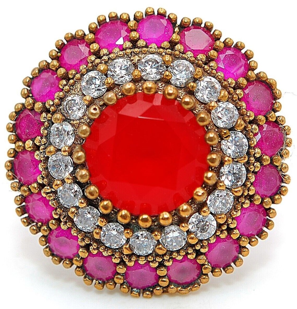 6CT Fire Garnet & Topaz 925 Sterling Silver Ottoman Empire Ring Size 8 HB1-9