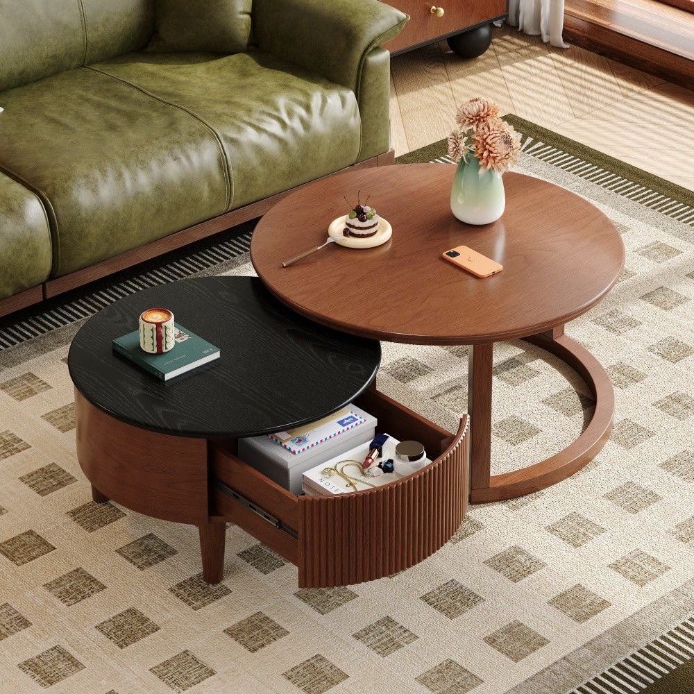 Nesting Round Coffee Tables with Grooved Drawers