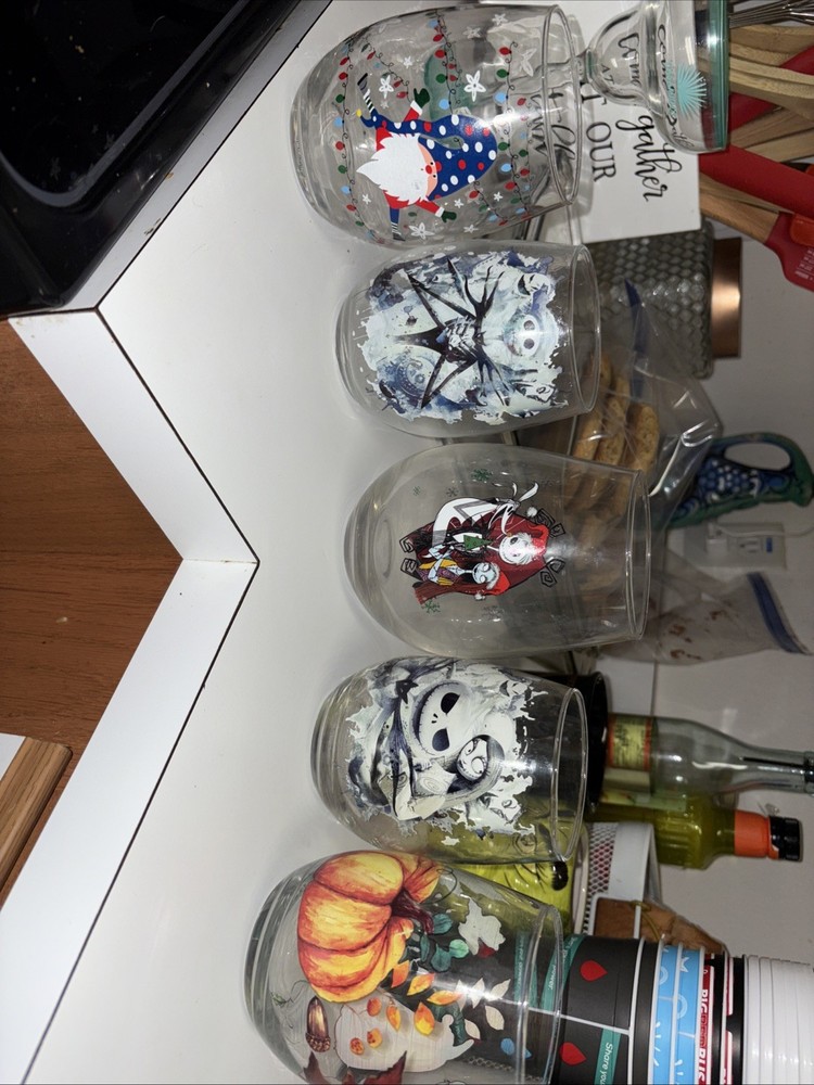 Lot Of 5 Stemless Wine Glasses. Fall. Christmas. Halloween. Nightmare before Chr