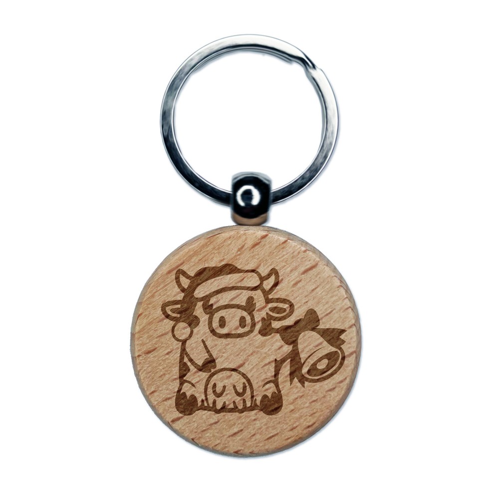 Christmas Cow Santa Hat Bell Engraved Wood Round Keychain Tag Charm