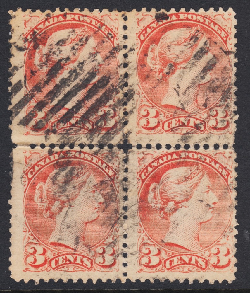 CANADA 37e Used 3c pale orange Small Queen Perf 11½x12 BLOCK OF 4